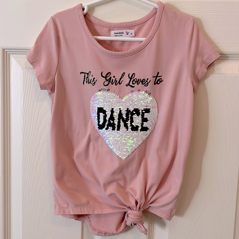 Girls pink/peach short sleeve T-shirt ties in front flip sequins Sz 6